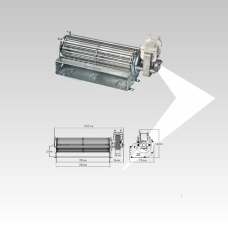 Ventilatore tangenziale Fergas Codice180600-D1 - Lunghezza ventola 240 mm - Lunghezza totale 315,5 mm